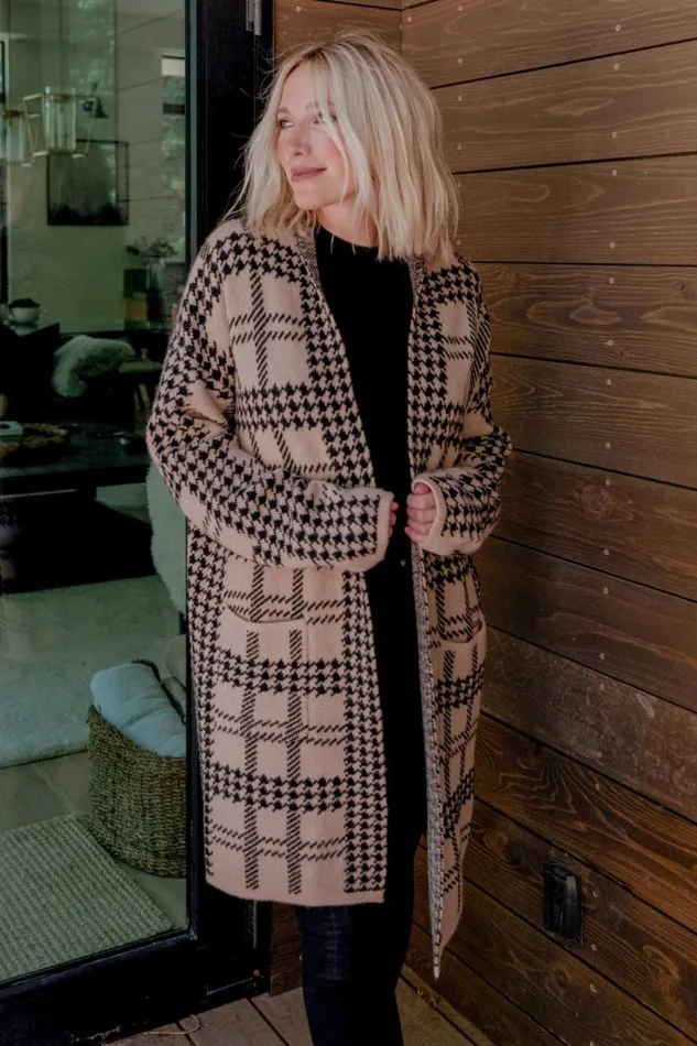 Women Arvo Houndstooth Long Cardigan Taupe Black Baltic Born Sweaters Women Arvo Houndstooth Long Cardigan Taupe Black Baltic Born Sweaters