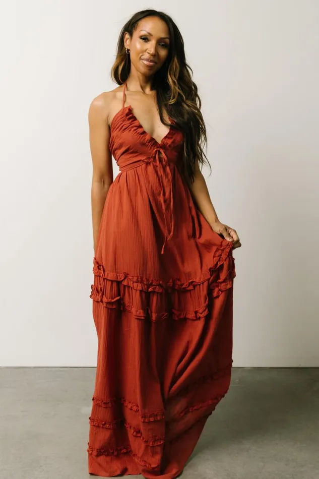 Women Augusta Halter Neck Maxi Dress Terracotta Baltic Born Maxi Dresses