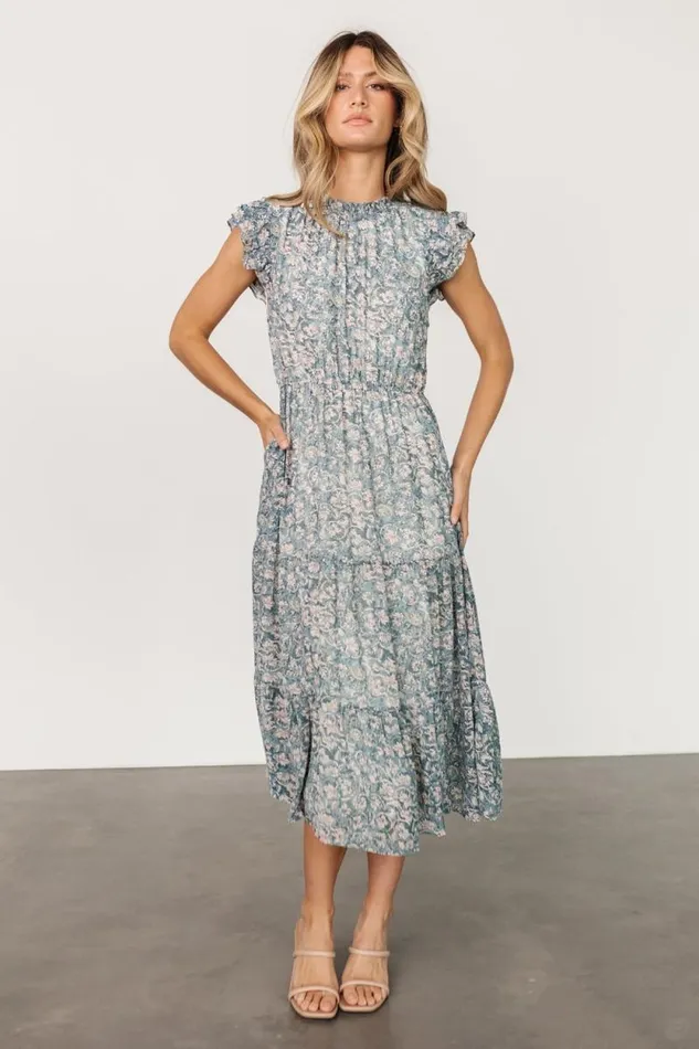 Women Azia Ruffle Sleeve Midi Dress Blue Pink Baltic Born Midi Dresses