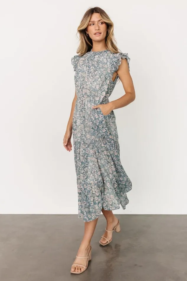 Women Azia Ruffle Sleeve Midi Dress Blue Pink Baltic Born Midi Dresses Women Azia Ruffle Sleeve Midi Dress Blue Pink Baltic Born Midi Dresses