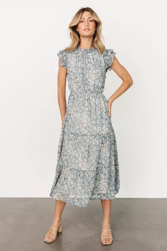 Women Azia Ruffle Sleeve Midi Dress Blue Pink Baltic Born Midi Dresses Women Azia Ruffle Sleeve Midi Dress Blue Pink Baltic Born Midi Dresses