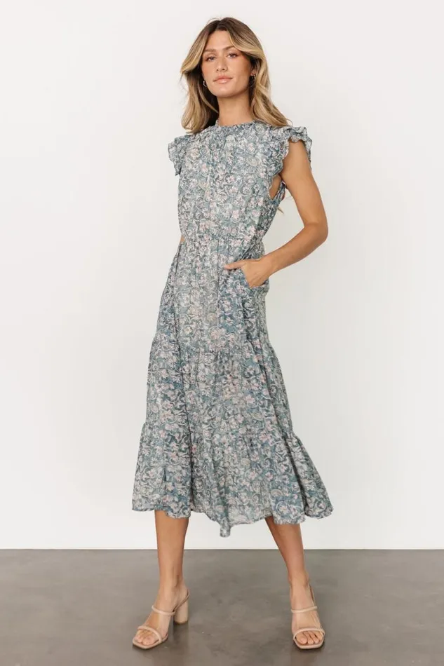 Women Azia Ruffle Sleeve Midi Dress Blue Pink Baltic Born Midi Dresses Women Azia Ruffle Sleeve Midi Dress Blue Pink Baltic Born Midi Dresses