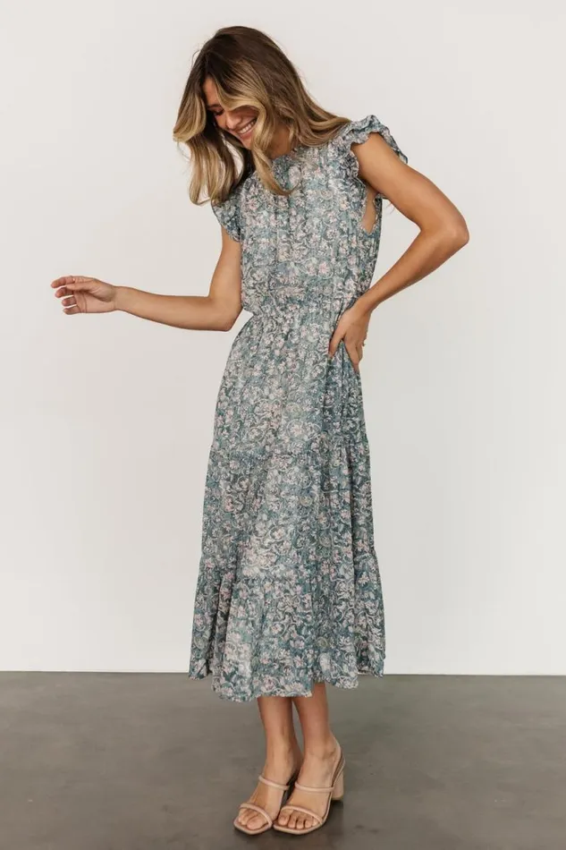 Women Azia Ruffle Sleeve Midi Dress Blue Pink Baltic Born Midi Dresses Women Azia Ruffle Sleeve Midi Dress Blue Pink Baltic Born Midi Dresses