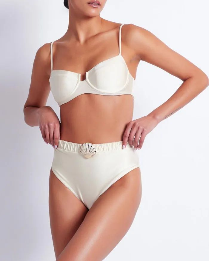 Women Bikinis PatBO SEASHELL HIGH CUT BIKINI BOTTOM FINAL SALE Ivory