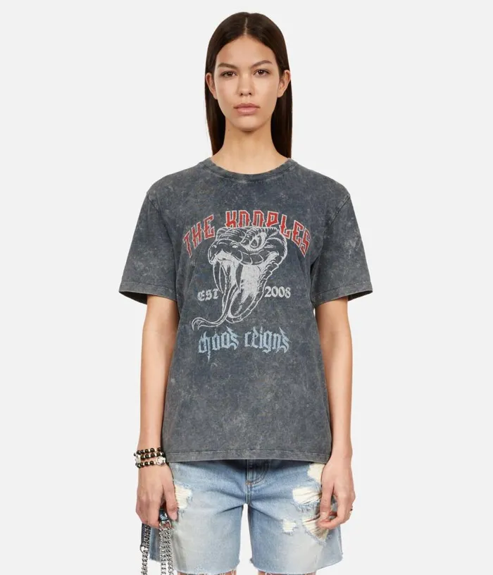 Women Black Tshirt With Snake Serigraphy THE KOOPLES Tshirts