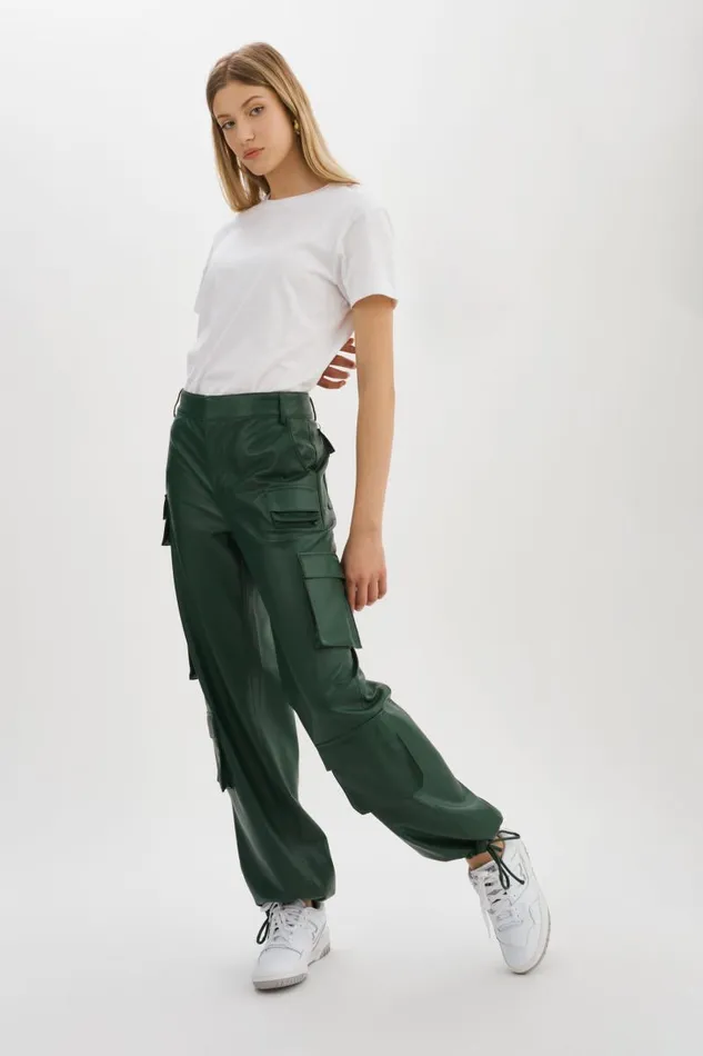Women BOBBI Faux Leather Cargo Pants Alpine Green LAMARQUE Pants and Shorts