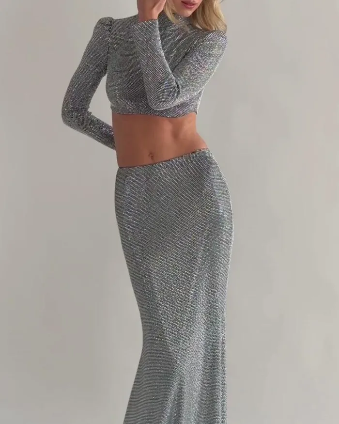 Women Bottoms PatBO Crystal Embellished Maxi Skirt FINAL SALE Silver