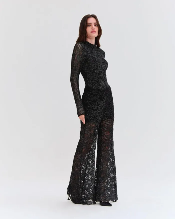 Women Bottoms PatBO METALLIC LACE FLARE PANT Black