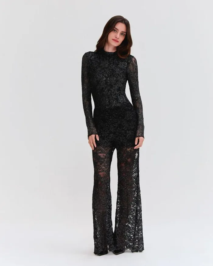 Women Bottoms PatBO METALLIC LACE FLARE PANT Black