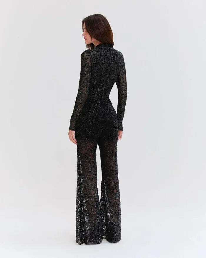 Women Bottoms PatBO METALLIC LACE FLARE PANT Black