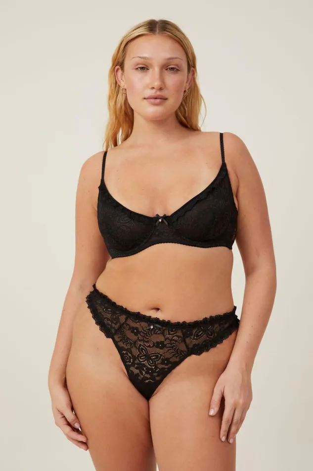 Women Bras Cotton On Butterfly Lace Underwire Bra Black