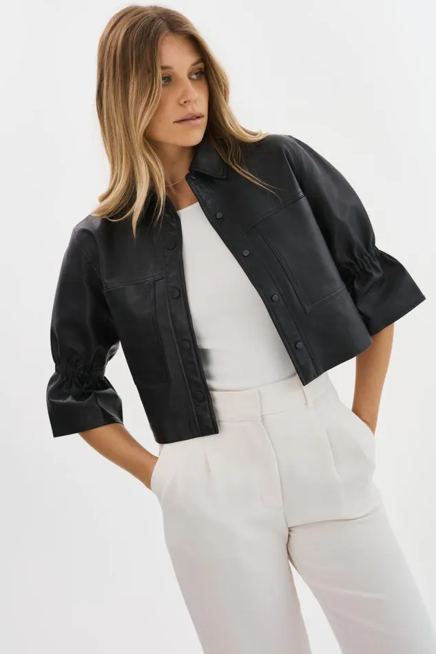 Women CAROLINA Leather Ruffle Sleeve Jacket Black LAMARQUE Short Sleeve Jackets