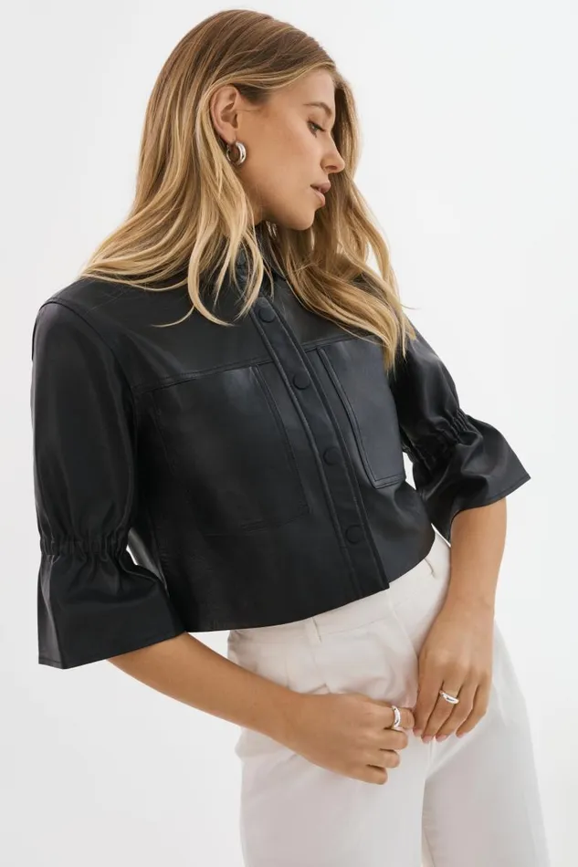 Women CAROLINA Leather Ruffle Sleeve Jacket Black LAMARQUE Short Sleeve Jackets Women CAROLINA Leather Ruffle Sleeve Jacket Black LAMARQUE Short Sleeve Jackets