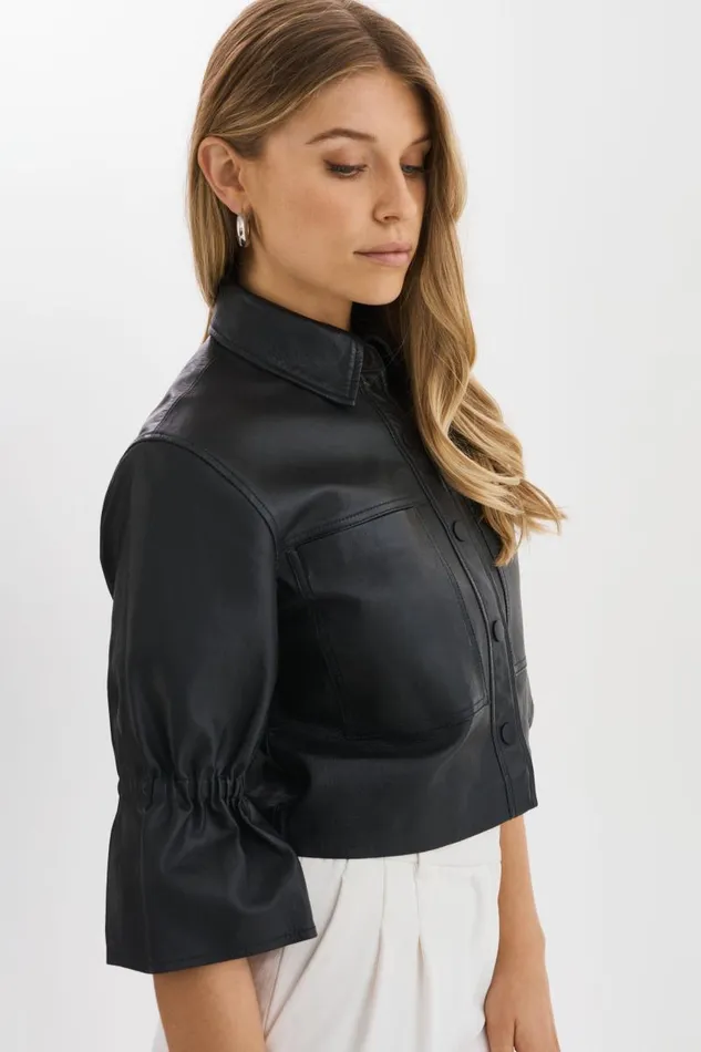 Women CAROLINA Leather Ruffle Sleeve Jacket Black LAMARQUE Short Sleeve Jackets Women CAROLINA Leather Ruffle Sleeve Jacket Black LAMARQUE Short Sleeve Jackets