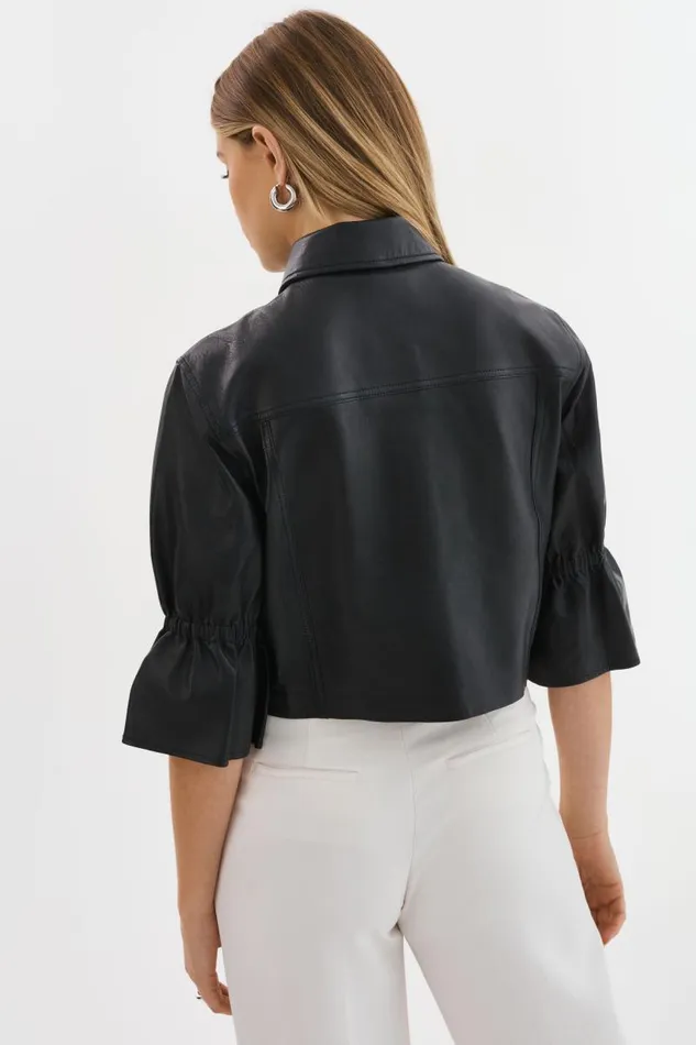 Women CAROLINA Leather Ruffle Sleeve Jacket Black LAMARQUE Short Sleeve Jackets Women CAROLINA Leather Ruffle Sleeve Jacket Black LAMARQUE Short Sleeve Jackets