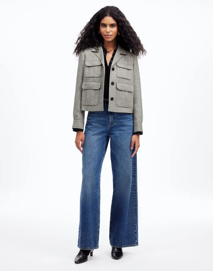 Women Coats Jackets Madewell FlapPocket Field Jacket In Herringbone Slate Grey Herringbone
