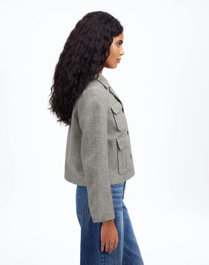 Women Coats Jackets Madewell FlapPocket Field Jacket In Herringbone Slate Grey Herringbone