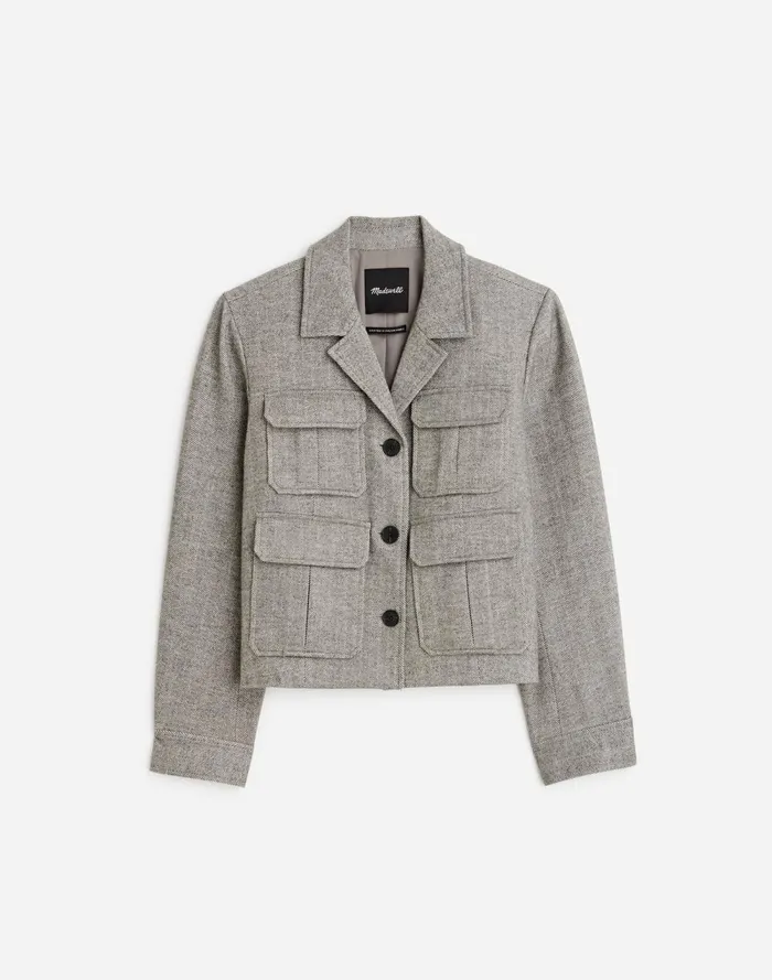 Women Coats Jackets Madewell FlapPocket Field Jacket In Herringbone Slate Grey Herringbone