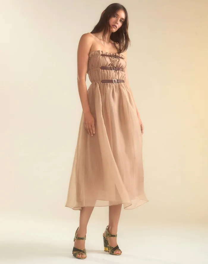 Women Cynthia Rowley Dresses Buckle Up Silk Organza Dress Camel