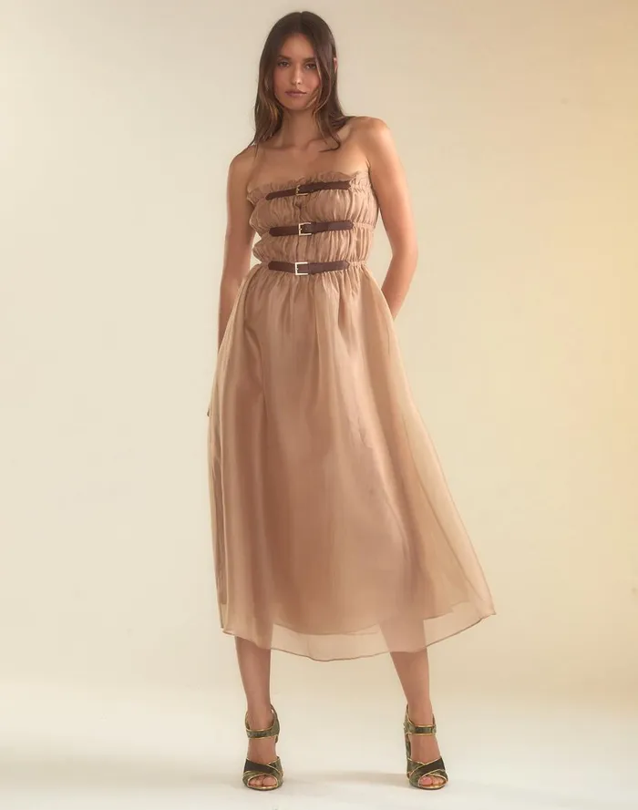 Women Cynthia Rowley Dresses Buckle Up Silk Organza Dress Camel