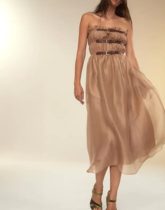 Women Cynthia Rowley Dresses Buckle Up Silk Organza Dress Camel