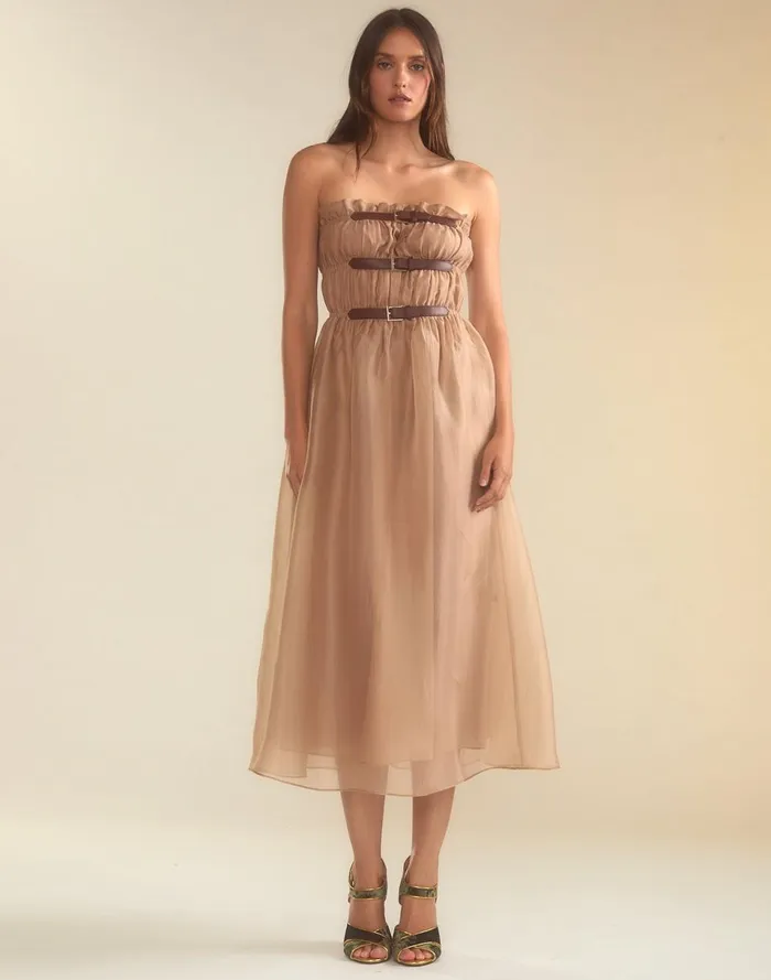Women Cynthia Rowley Dresses Buckle Up Silk Organza Dress Camel