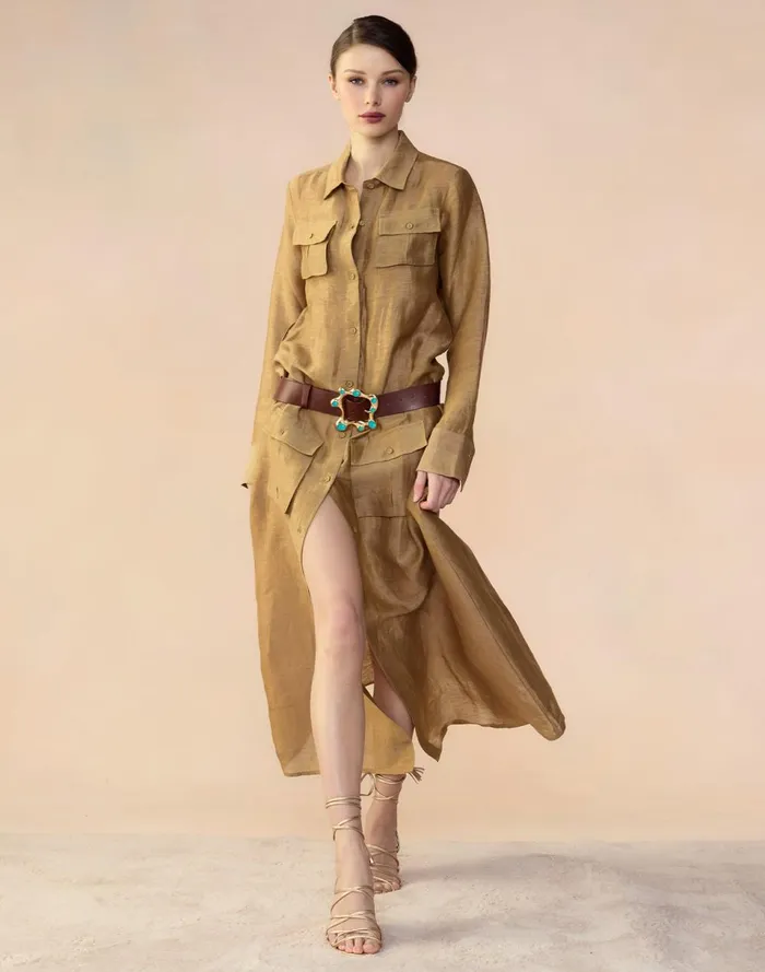 Women Cynthia Rowley Dresses Lagos Silk Linen Shirt Dress Camel