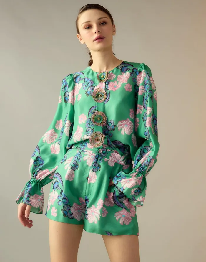 Women Cynthia Rowley Tops Eden Silk Blouse Grnfl