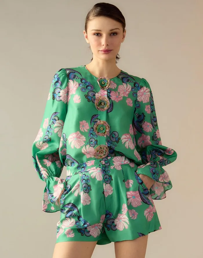 Women Cynthia Rowley Tops Eden Silk Blouse Grnfl