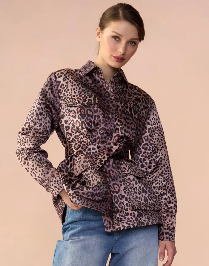 Women Cynthia Rowley Tops Leopardess Satin Safari Jacket Leopd