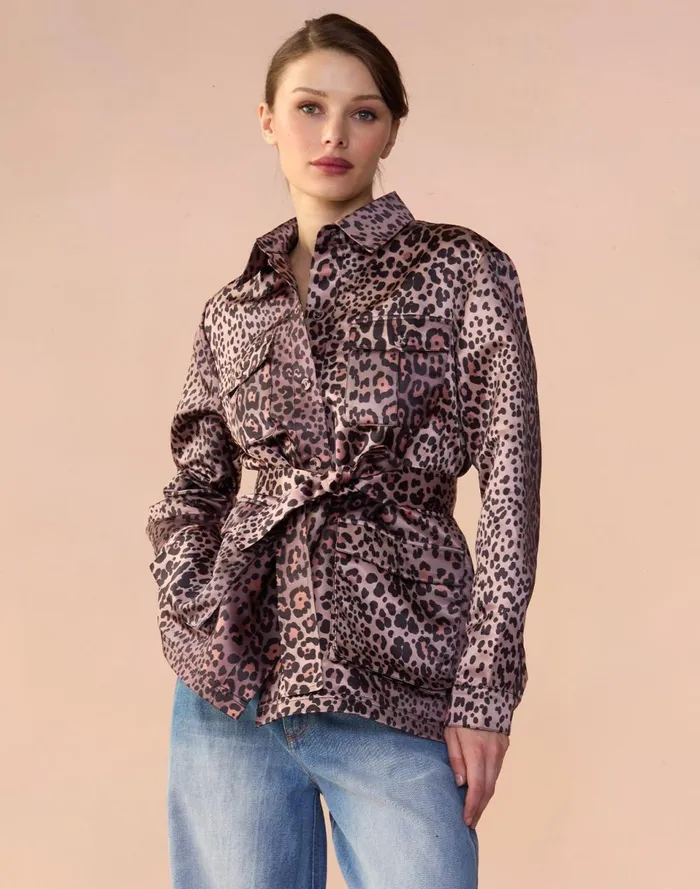 Women Cynthia Rowley Tops Leopardess Satin Safari Jacket Leopd