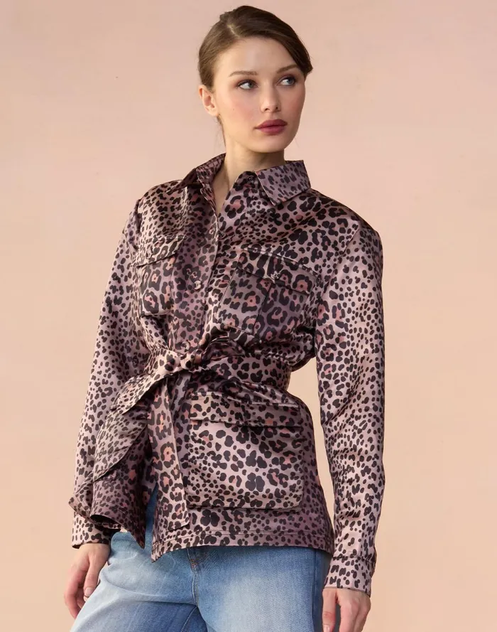 Women Cynthia Rowley Tops Leopardess Satin Safari Jacket Leopd
