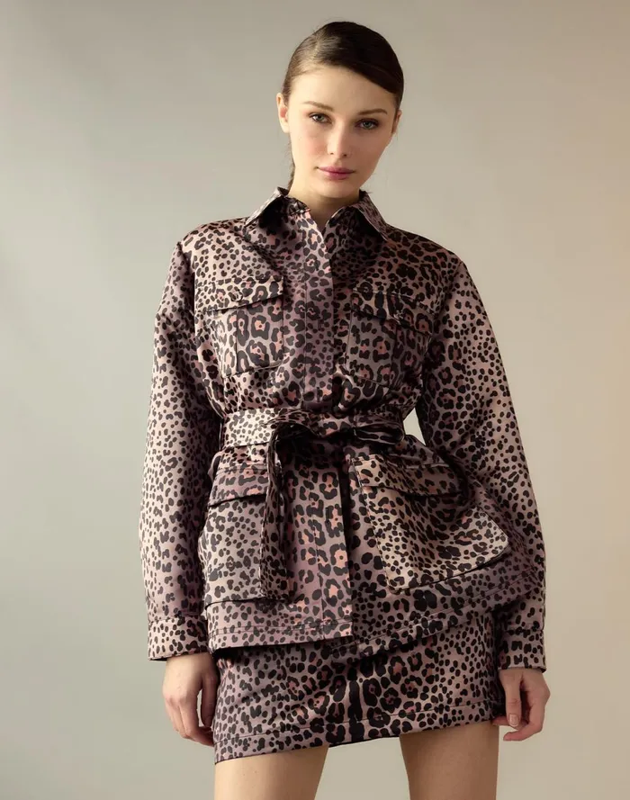 Women Cynthia Rowley Tops Leopardess Satin Safari Jacket Leopd