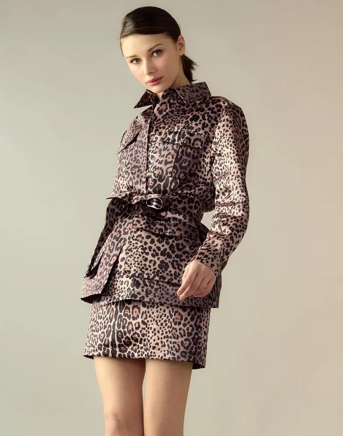 Women Cynthia Rowley Tops Leopardess Satin Safari Jacket Leopd