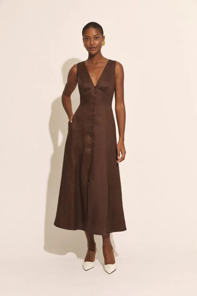 Women Day To Night Dresses Bardot Cordelia Linen Midi Dress In Chocolate Chocolate
