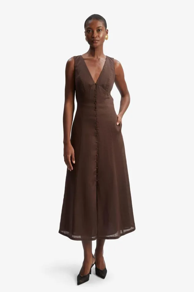 Women Day To Night Dresses Bardot Cordelia Linen Midi Dress In Chocolate Chocolate