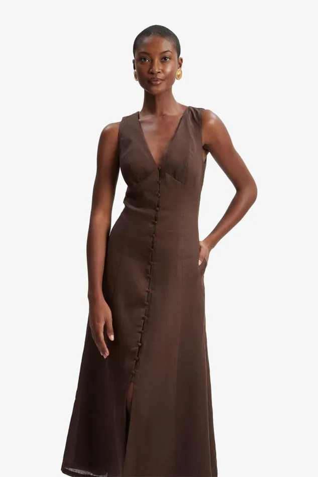 Women Day To Night Dresses Bardot Cordelia Linen Midi Dress In Chocolate Chocolate