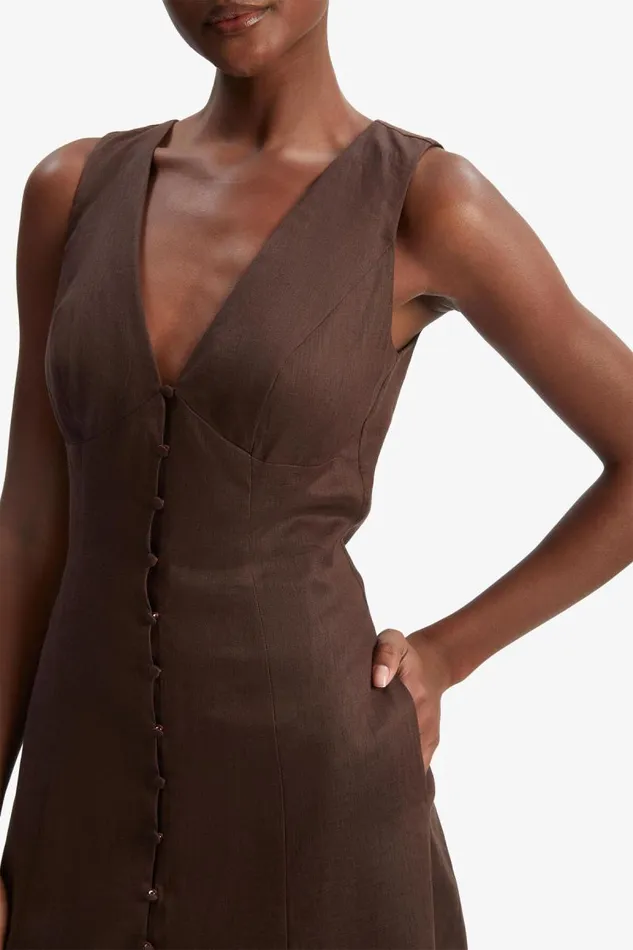Women Day To Night Dresses Bardot Cordelia Linen Midi Dress In Chocolate Chocolate