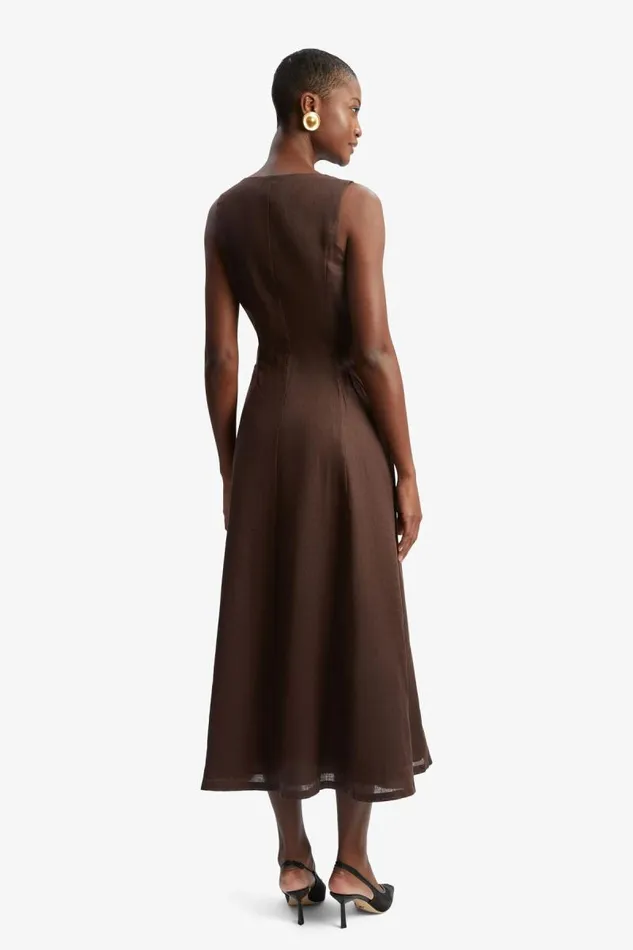 Women Day To Night Dresses Bardot Cordelia Linen Midi Dress In Chocolate Chocolate