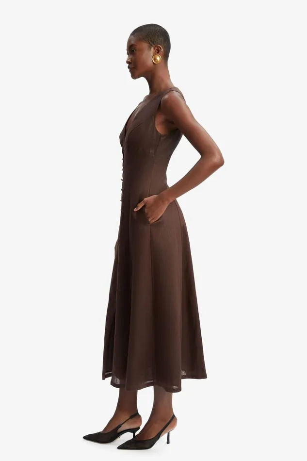 Women Day To Night Dresses Bardot Cordelia Linen Midi Dress In Chocolate Chocolate