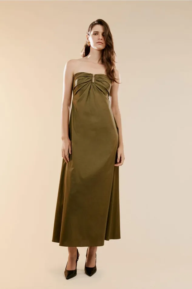 Women Day To Night Dresses Bardot Lora Poplin Maxi Dress In Khaki Khaki