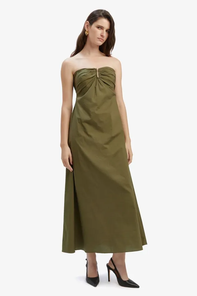 Women Day To Night Dresses Bardot Lora Poplin Maxi Dress In Khaki Khaki