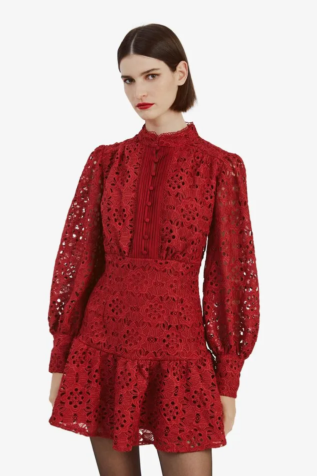 Women Day To Night Dresses Bardot Remy Lace Dress In Deep Red Deep Red