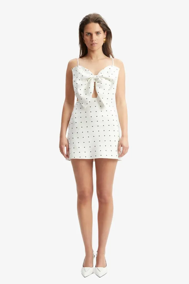Women Day To Night Dresses Bardot Vieda Linen Bow Mini Dress In White Spot White Spot Women Day To Night Dresses Bardot Vieda Linen Bow Mini Dress In White Spot White Spot