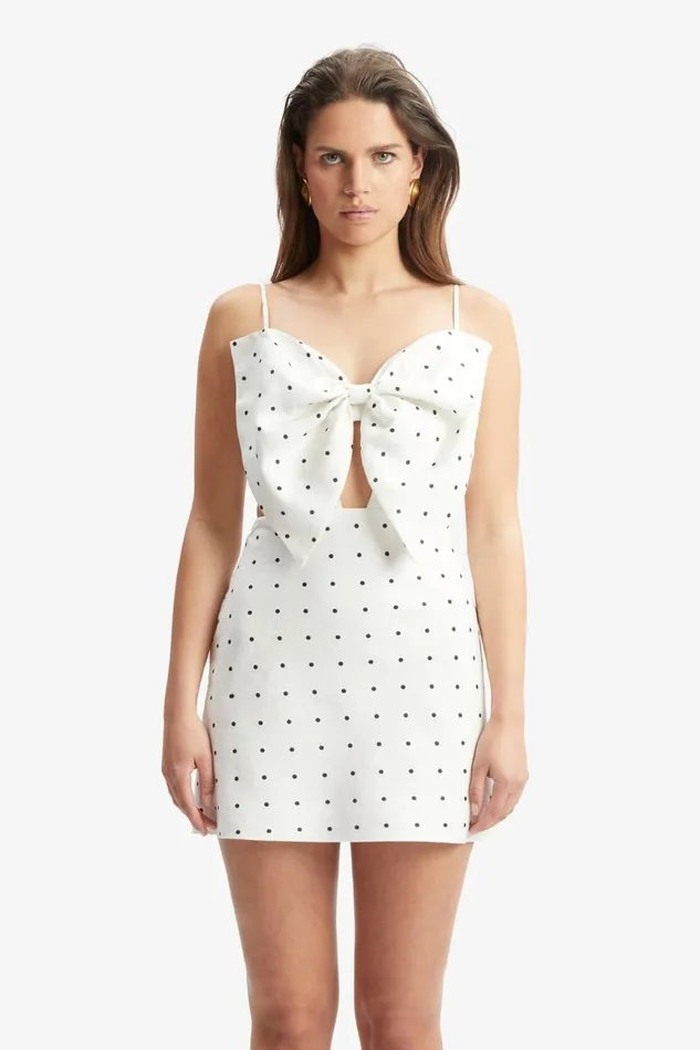 Women Day To Night Dresses Bardot Vieda Linen Bow Mini Dress In White Spot White Spot Women Day To Night Dresses Bardot Vieda Linen Bow Mini Dress In White Spot White Spot