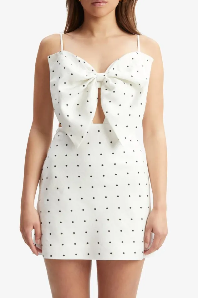 Women Day To Night Dresses Bardot Vieda Linen Bow Mini Dress In White Spot White Spot Women Day To Night Dresses Bardot Vieda Linen Bow Mini Dress In White Spot White Spot