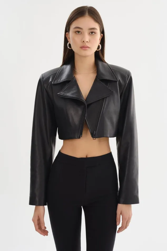 Women DAYLIN Cropped Leather Jacket Black LAMARQUE Leather Jackets