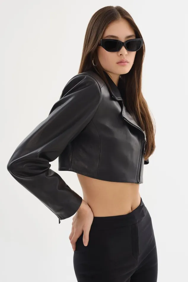 Women DAYLIN Cropped Leather Jacket Black LAMARQUE Leather Jackets