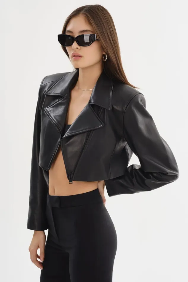 Women DAYLIN Cropped Leather Jacket Black LAMARQUE Leather Jackets