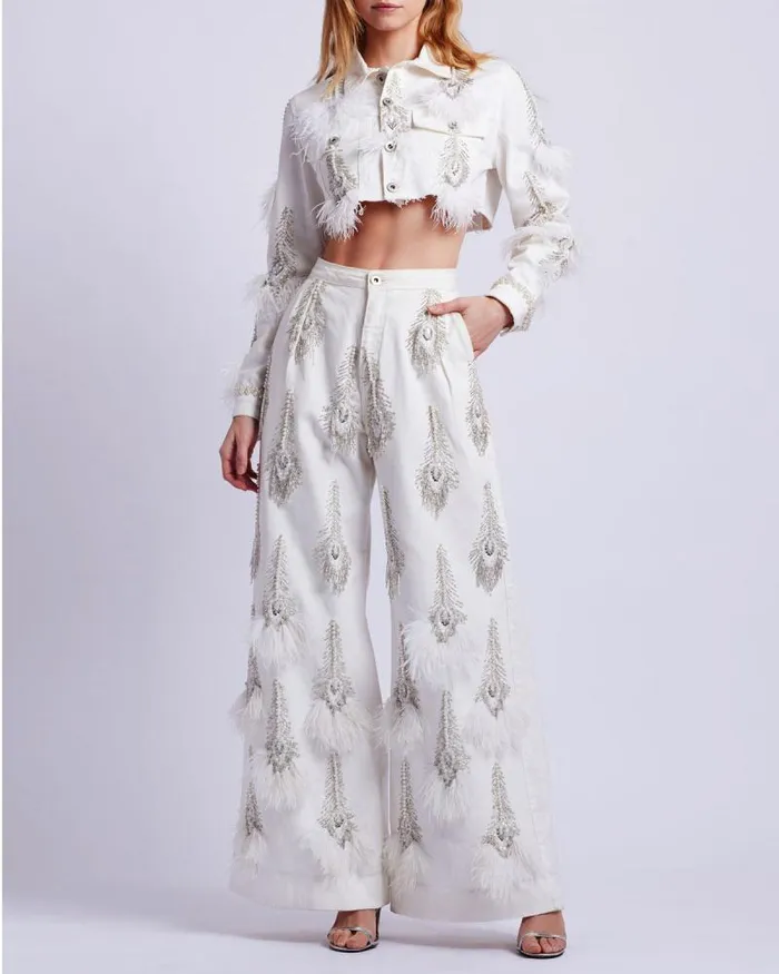 Women Denim PatBO HandBeaded Denim And Feather Jeans FINAL SALE White